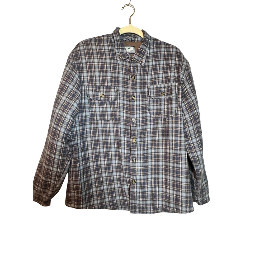 Properly Tied Cypress Shirt Jacket Mens Medium Blue Brown Plaid Quilted Lining